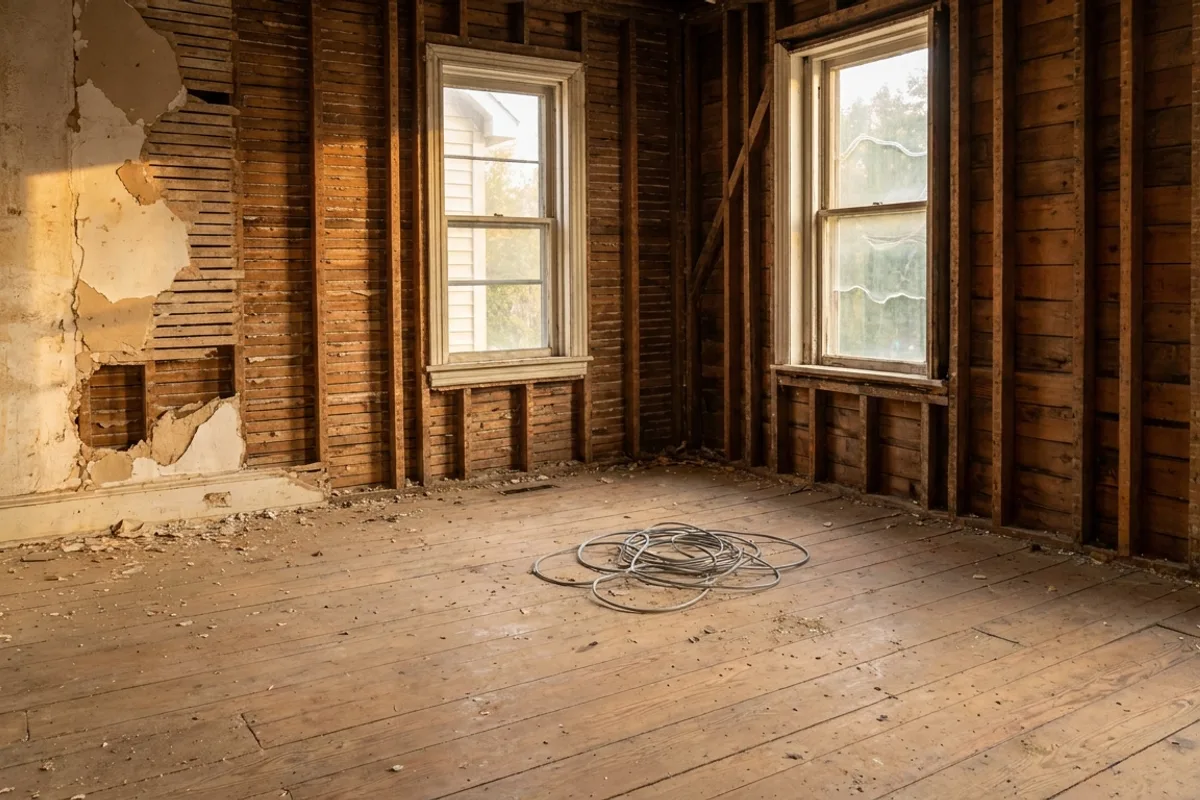 A room in an older house stripped back to the studs during a rewire, with a coil of cable on the floor