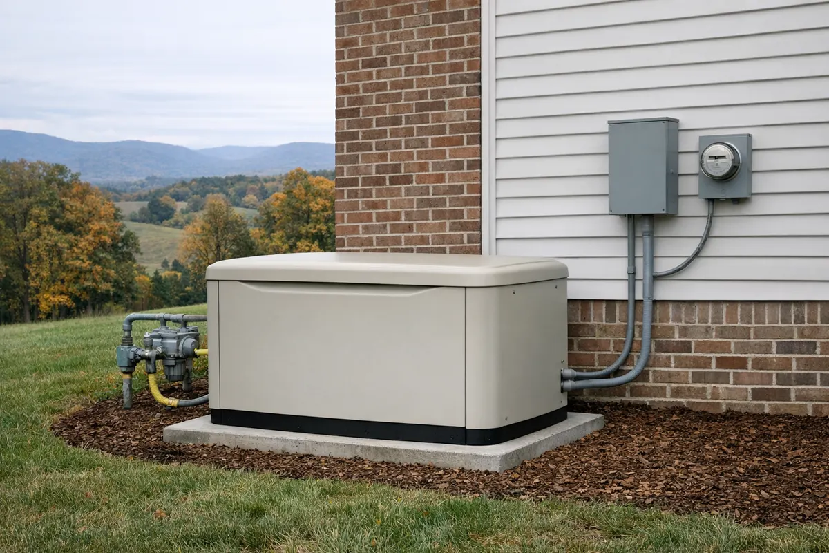 A standby generator on a concrete pad beside a brick and siding home, with a gas line and a transfer switch by the meter