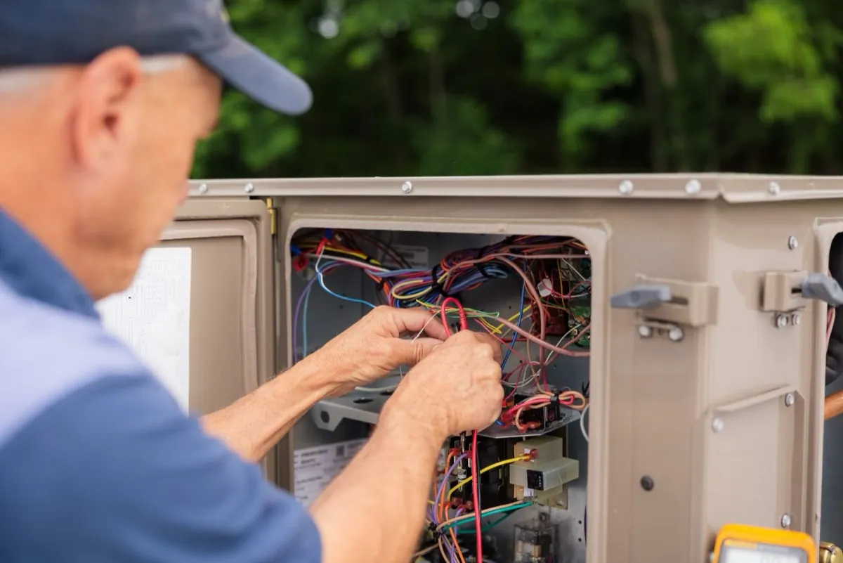 Callison electrician repairing a tangle of colored low-voltage wiring in Augusta County, Virginia