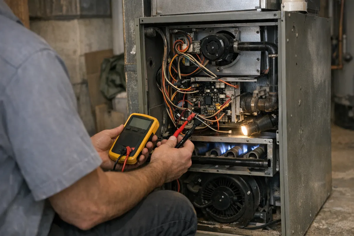 A technician testing furnace control wiring with a multimeter beside an open gas furnace in a basement
