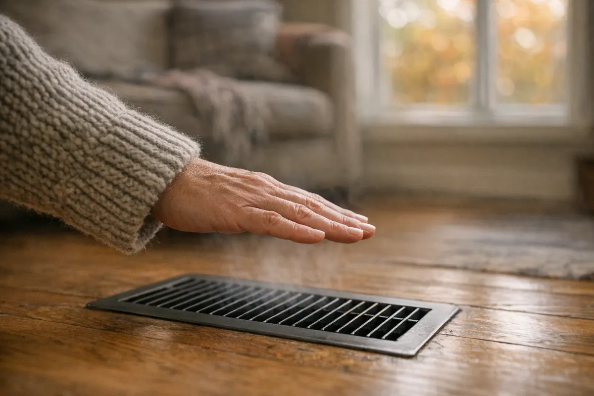 A hand held over a floor heating vent in a living room on a cool autumn morning