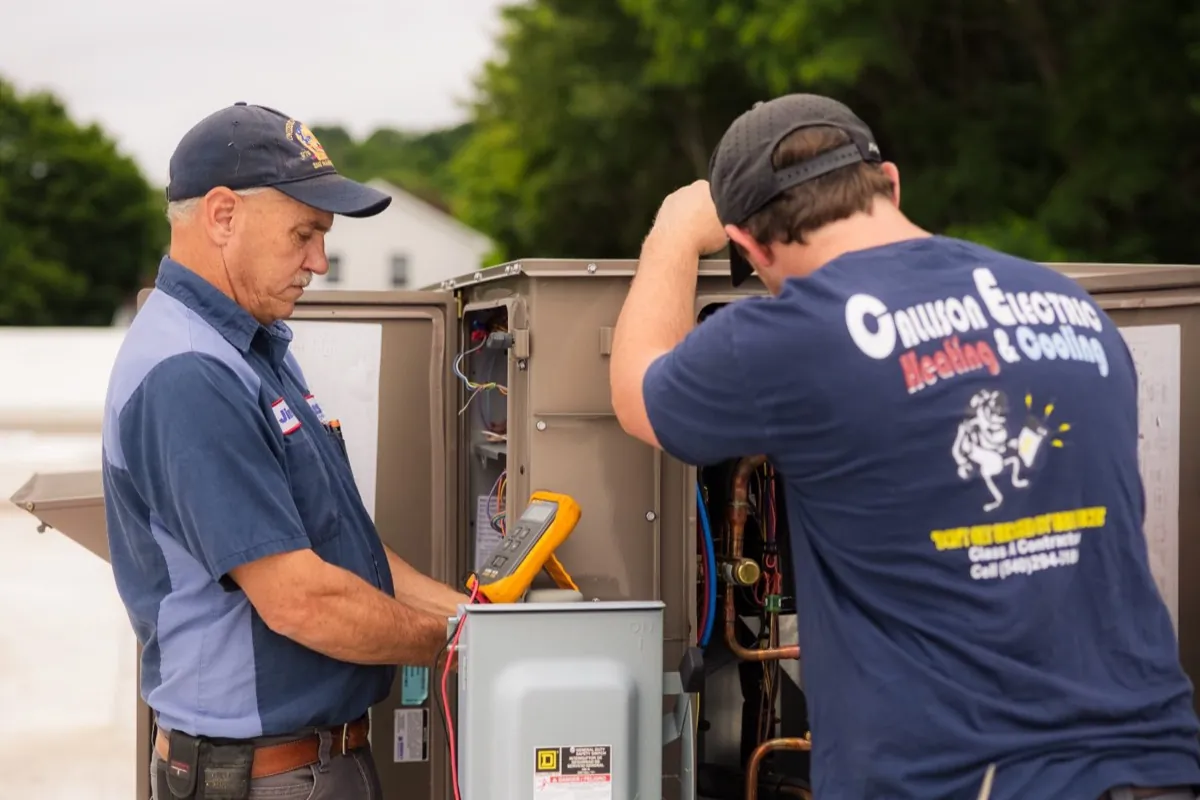 Callison HVAC technicians servicing a rooftop unit in Augusta County, Virginia